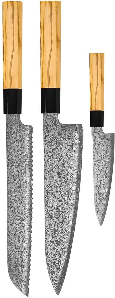 Shinrai Knives - Takumi Kaza 3-delige Damascus Messenset - Koksmes + Broodmes + Schilmes
