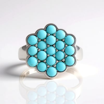 Cavill - Ring 925 Sterling Zilver met Platina Coating - 2,565 Ct Sleeping Beauty Turkoois Ronde Cabochon - Moderne Blauwe Edelsteen Sieraden