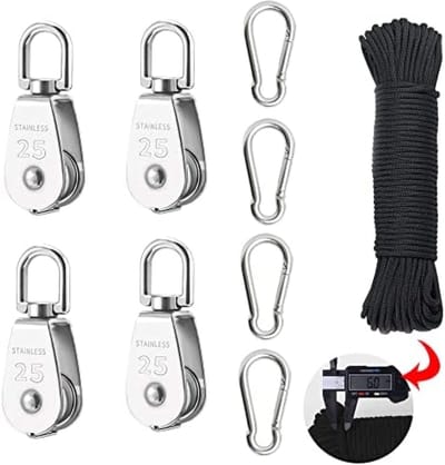 Set van 4 Katrollen van Roestvrij Staal M25 - Enkele en Dubbele Katrol voor Hijswerkzaamheden - Geschikt voor Touw, Kabel en Staalkabel - Maximale Belasting 150kg per Stuk
