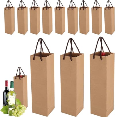 Set van 12 Kraft Papieren Wijnfleszakken met Touwgrepen voor Cadeaus