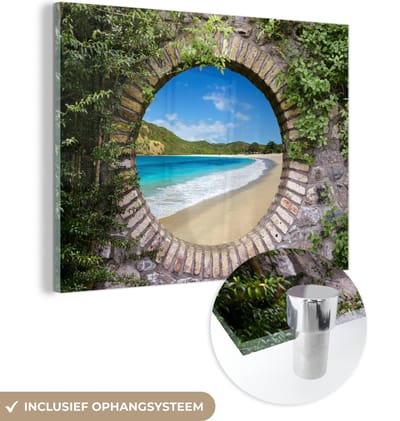 MuchoWow® Glasschilderij 120x90 cm - Schilderij acrylglas - Strand - Zee - Doorkijk - Foto op glas - Schilderijen