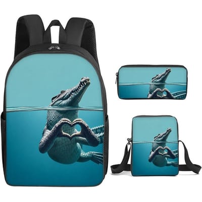 Amour Impression Crocodile 3 Pièces/Ensemble Sac à Dos avec Sac Bandoulière, Trousses à Crayons pour Garçon/Fille Meilleur Cadeau Dessin Animé Sacs d'École pour Étudiant
