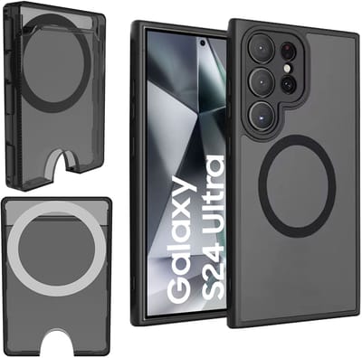 Hoesje + Pasjeshouder geschikt voor Samsung Galaxy S25 Ultra - Portemonnee geschikt voor MagSafe - Magnetisch - Pasjes Houder - Creditcardhouder - Gerookt Zwart