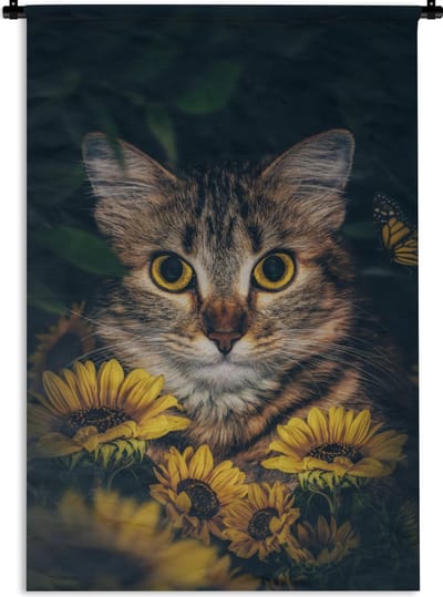 Wandkleed - Wanddoek - Kat - Geel - Bloemen - Botanisch - 120x180 cm - Wandtapijt