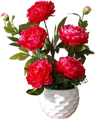 Kunstbloemen met Vaas - Nepbloem Boeket - Huis Decoratie - Zijden Pioenroos - 1 Stuk - Rood