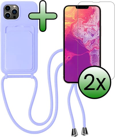 Hoes Geschikt voor iPhone 13 Pro Hoesje Pas Houder Case Hoes Met Koord Met 2x Screenprotector - Hoesje Geschikt voor iPhone 13 Pro Hoes Met Telefoonkoord Pasjeshouder Cover - Lila