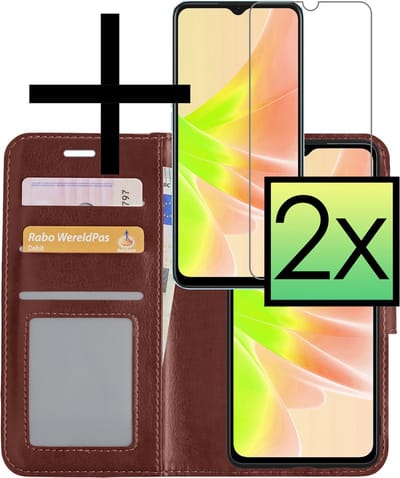 Hoesje - Met 2x Screenprotector - Geschikt voor OPPO A17 - Luxe Pasjeshouder - Bookcase Portemonee - Flip Case - Kunstleer Book Case - Flipcase Hoes - Book Cover - Walletcase - Portemonneehoes - Bruin