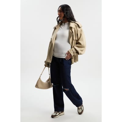 boohoo Dames Maternity Over The Bump Ripped Knee Boyfriend Jeans | Indigo | Maat: 8