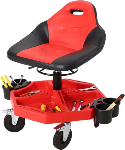 Rolstoel Voor Monteurs, Met Kussen En Gereedschapbak, 136kg Draagvermogen, 48-60cm H, 12.7 cm Wielen, Rood