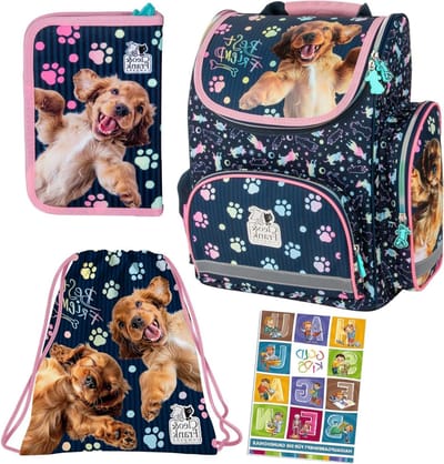 Schooltas Set - Rugzak Kinderen - Naar School Gaan - Hond Motief - 4 Delig - Blauw