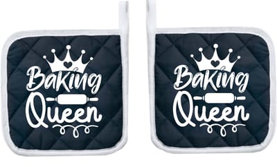 Eizook Pannenlappen 2 Stuks Navy Bedrukt - BAKING QUEEN In WIT- Zacht Katoen met Polyester Pannenonderzetter Hittebestendige Pannenlap tot 250°C