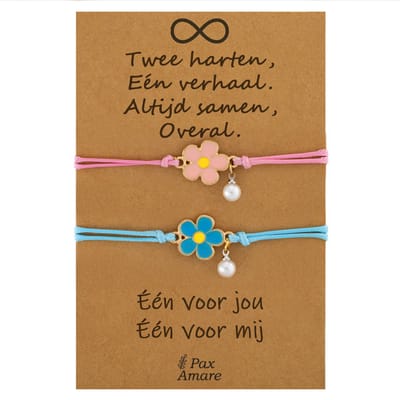 Vriendschapsarmbandjes voor 2 " Twee Harten, Een Verhaal ∞" - Bloemetjes - BFF Armbandjes met Persoonlijk Cadeau Kaartje - Roze & Blauw - Elastisch Verstelbaar - Pax Amare