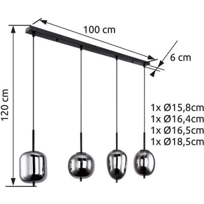 Globo Hanglamp Blacky, zwart/rookgrijs, lengte 110 cm, 4-lamps.