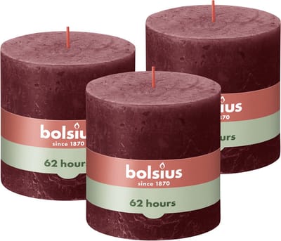 Bolsius - Rustieke Kaars - 3 Stuks - Bordeaux Rood - 10 x 10cm - 62 Branduren