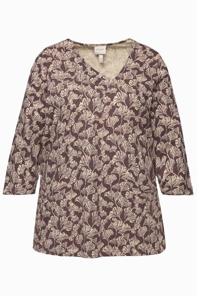 Ulla Popken - Dames - Shirt biesjes V-hals 3/4-mouwen biologisch katoen - Donkertaupe - Maat 42+