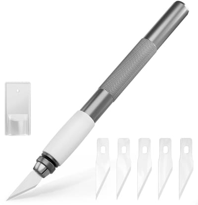 ACROPAQ Scalpel Hobbymes - Met 5 extra bladen, Met softgrip, Donker Aluminium - Scalpelmesjes, Precisiemes