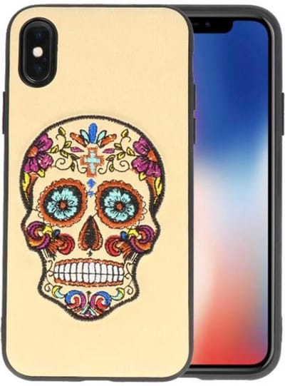 Borduurwerk Doodshoofd Back Cases - Hoesje Geschikt voor iPhone X Beige