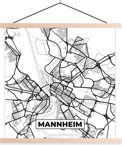 Posterhanger incl. Poster 40x40 cm - Schoolplaat - Mannheim - Kaart - Stadskaart - Plattegrond - Textielposter - Blanke latten - Stadskaart