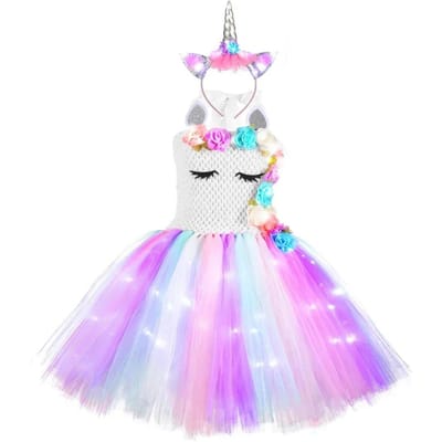 Robe Tutu Licorne Brillante Filles Robes Licorne Lumineuses Enfants Pour Filles Fête d'Halloween Robe de Princesse Vêtements Enfants vestidos 2T (85-95cm) white