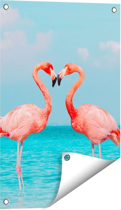 Gards Tuinposter Twee Flamingo's in een Hart Vorm in het Water - 40x60 cm - Tuindoek - Tuindecoratie - Wanddecoratie buiten - Tuinschilderij