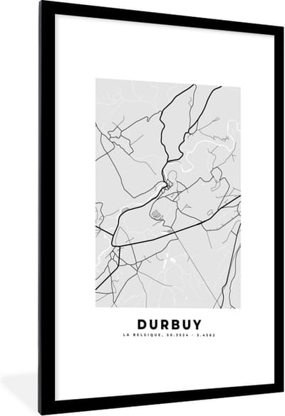 Fotolijst incl. Poster Zwart Wit- België – Durbuy – Stadskaart – Kaart – Zwart Wit – Plattegrond - 60x90 cm - Posterlijst