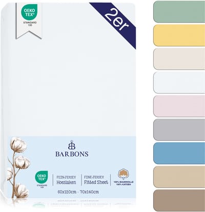 Barbons hoeslaken 70x140 - 60x120 hoeslakens ledikant Baby - 100% Katoen - Babybedje Wit Set van 2