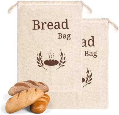 Famanu - Grote broodzak van biologisch linnen 44x35 cm 2 x herbruikbare broodzakken voedselopbergzak broodzakken eco broodzak | Luxe opberger, modern design voor keuken en dagelijks gebruik
