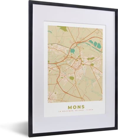 Fotolijst incl. Poster - Plattegrond - Kaart - België - Stadskaart - Vintage - Mons - 30x40 cm - Posterlijst