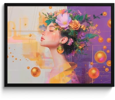 Poster in lijst - Fotolijst 80x60 cm - Posters - Abstract - Vrouw - Bloemenkroon - Goud - Posterlijst zwart - Decoratie - Wanddecoratie woonkamer - Muurdecoratie slaapkamer