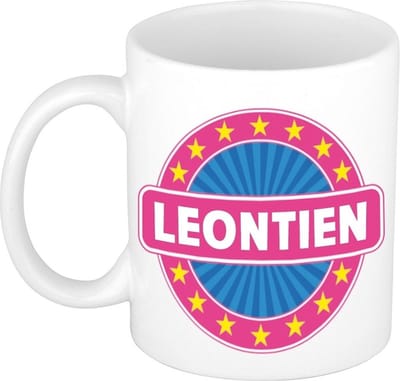 Bellatio Decorations - Leontien voornaam - koffiemok - beker - wit/roze - 300 ml - Cadeau - Dames - Collega - Moederdag - Verjaardag