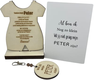 Geschenkdoosje Wil jij mijn PETER zijn? | beige | ROMPER | houten poppetje | peter vragen | meter worden | peetoom vragen | peetoom worden | cadeau | doosje met een vraag