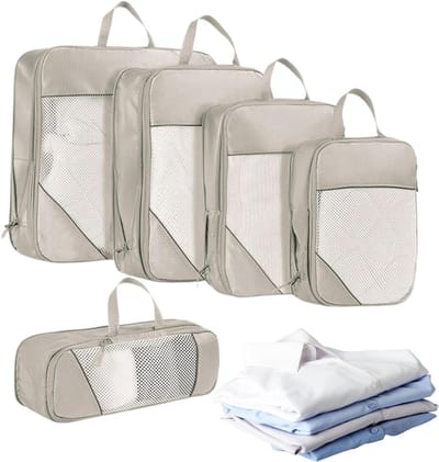 Compressie Zakken - Opbergzakken Reis - Ruimte Besparen - Transparant Venster - 5 Stuks - Beige