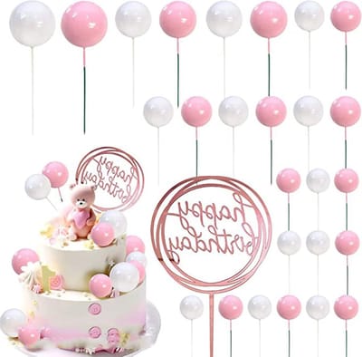 Mousse ball cake toppers in roze en wit, 27 stuks, mini cake toppers met ballonnen voor babyshowers en verjaardagsfeesten