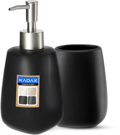 KADAX K8180 2-delige badkamerset van keramiek badaccessoires badkameraccessoires zeepdispenser badkamerbeker zeepbakje en wc-borstel (beker en dispenser zwart) Klein