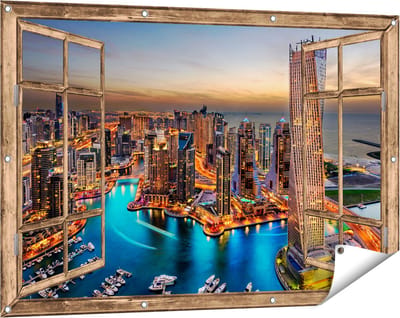 Gards Tuinposter Doorkijk Dubai Haven met de Stad - 120x80 cm - Tuindoek - Tuindecoratie - Wanddecoratie buiten - Tuinschilderij