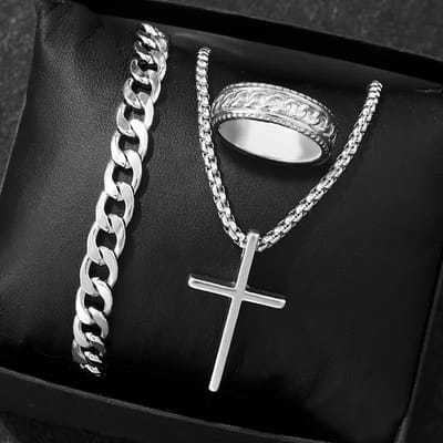 3-delige Zilveren Sieraden set - Hip Hop Stijl - Roestvrijstaal - Ketting, Armband & Ring met Kruis - Stoere Accessoires - Zilverkleurig RVS - Perfect voor Streetwear, School & Festivals - Christelijke Sieraden