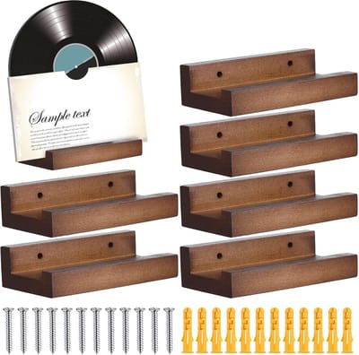 Platenrek - Vinyl Houder - Displaystandaard - Wandrek Voor Platenspeler - Wandrek Voor Albums - 6-Delig Houten Platenrek - Albumopbergruimte - Krantenhouder - Planken Voor Ordners