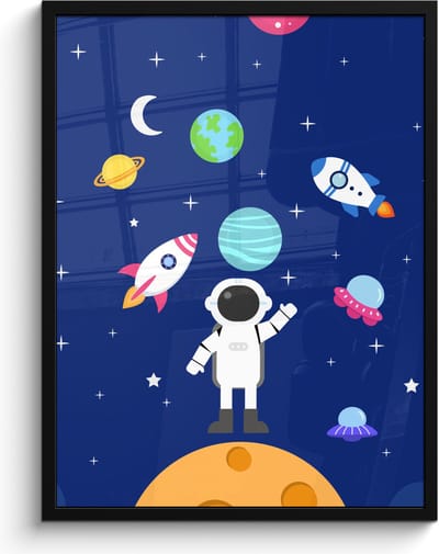 Poster in lijst - Fotolijst 60x80 cm - Posters - Ruimte - Astronaut - Raket - Blauw - Posterlijst zwart - Kamer decoratie - Wanddecoratie kinderkamer - Muurdecoratie babykamer