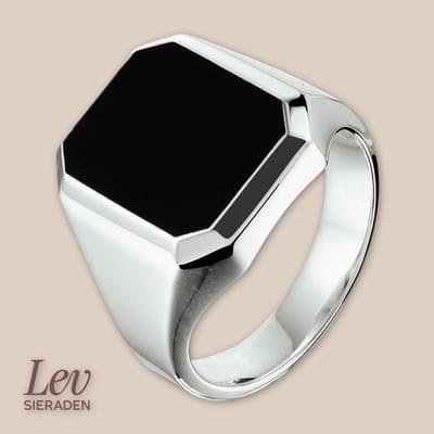 Lev Sieraden - 925 zilveren Zegelring - Onyx - zilver gerhodineerd - 16mm - Ringmaat 60 - Heren Ring