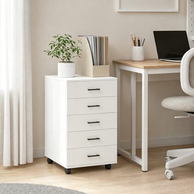 EGGREE Verrijdbaar ladenblok met 5 lades - verrijdbaar archiefkastje op 4 wielen - houten kantoorkast/onderbouwkast - smal ladenkastje/printermeubel - wit - 40 x 40 x 69 cm
