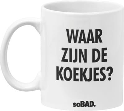 Mok wit - Waar zijn de koekjes? - soBAD. | Mug | Tekst | Collega | Kantoorhumor | Theemok | Koffiemok | Koffiebeker | Vaatwasbestendig