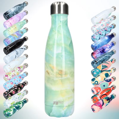 FBFS29, Thermosfles, Drinkfles, Waterfles - Modern & Slank Design - Thermos Fles voor de Warme en Koude Dagen - Dubbelwandig - Robuuste Thermoskan - 500ml - Turquoise Marble - Turquoise Marmer
