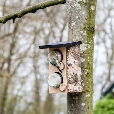 CJ Wildlife Dubbele Pindakaaspothouder voor Vogels - Quebec - Aanbevolen door Vogelbescherming Nederland - Vogelpindakaas Houder voor 2 Potten - Vogelvoederhuisje Pindakaas - FSC-gecertificeerd hout