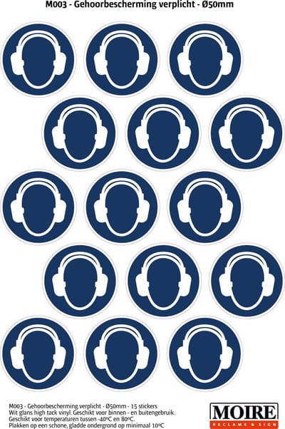 Pictogram sticker 75 stuks M003 - Gehoorbescherming verplicht - 50 x 50mm - 15 stickers op 1 vel