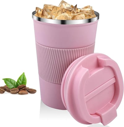 Famanu - Koffiemok, 380 ml, thermobeker voor koffie, lekvrij, gemaakt van 304 roestvrij staal, dubbelwandig geïsoleerd, autobeker, herbruikbare koffiebeker voor koffie, water en thee, roze
