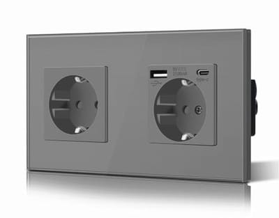 Dubbel Schuko Stopcontact met USB, Inbouw Oplaadstation en Type C Adapter, 3-in-1 Verlengstopcontact