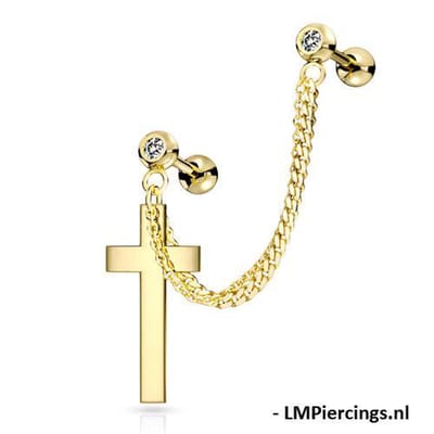Piercing ketting met massief kruis hanger - goud - LMPiercings