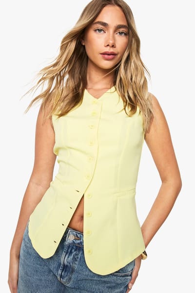 boohoo Dames Weste met hoge kraag en knoopjes | Citroen | Maat: 44