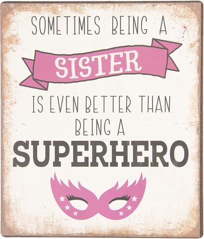 Clayre & Eef Tekstbord 13*15 cm Beige Metaal Rechthoek Sister Superhero Wandbord Spreuk Wandplaat