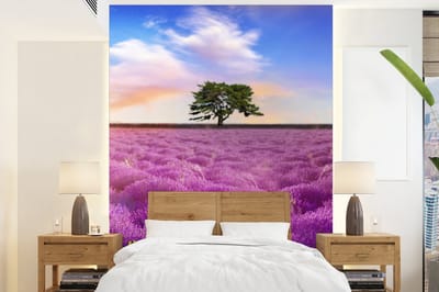 Behang - Fotobehang Lavendel - Boom - Zonsondergang - Paars - Breedte 190 cm x hoogte 260 cm